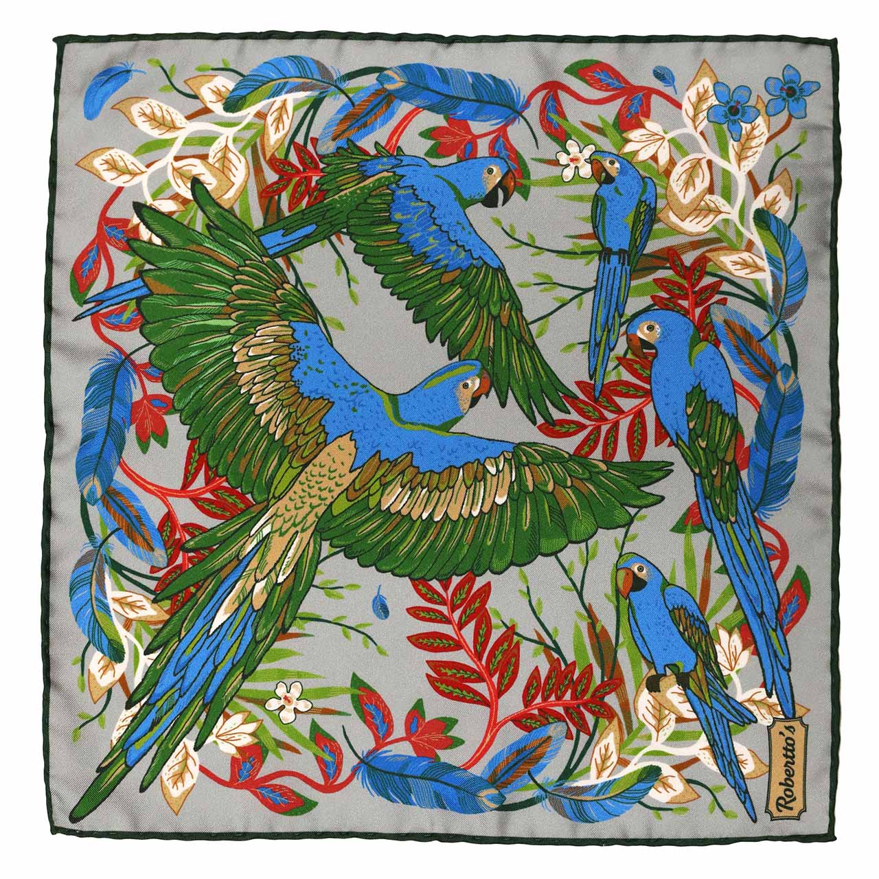 Feathers & Flowers Grey Pocket Square