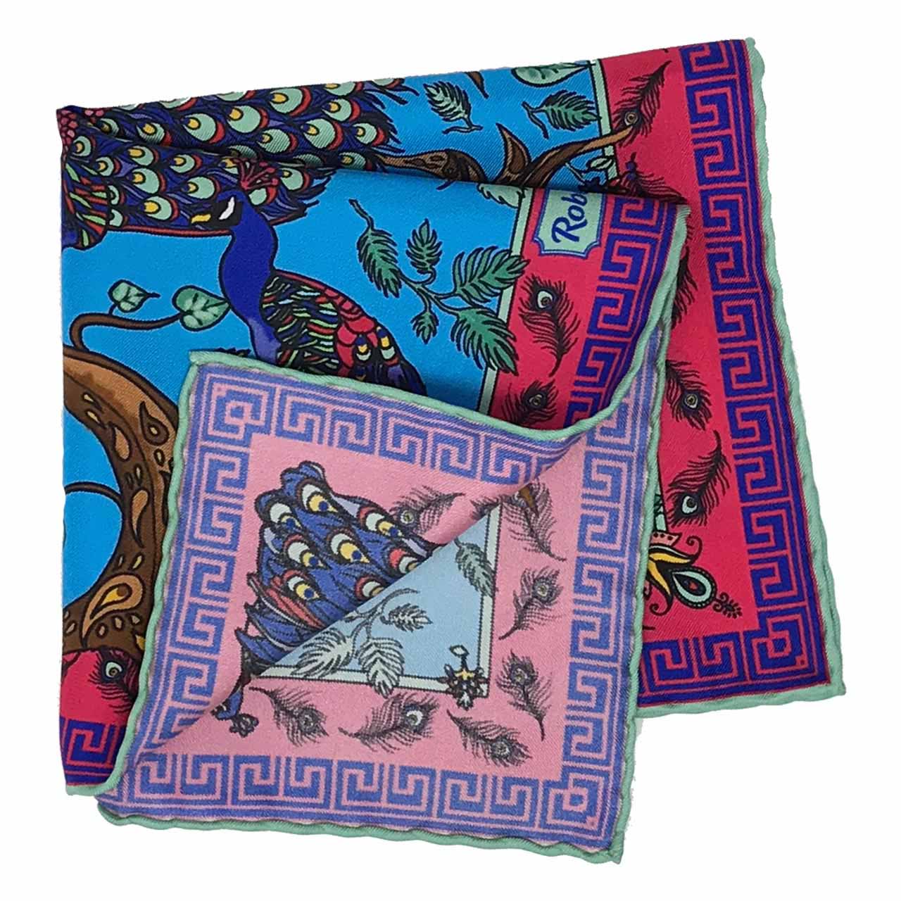 Peacock Paradise Azure Blue Pocket Square