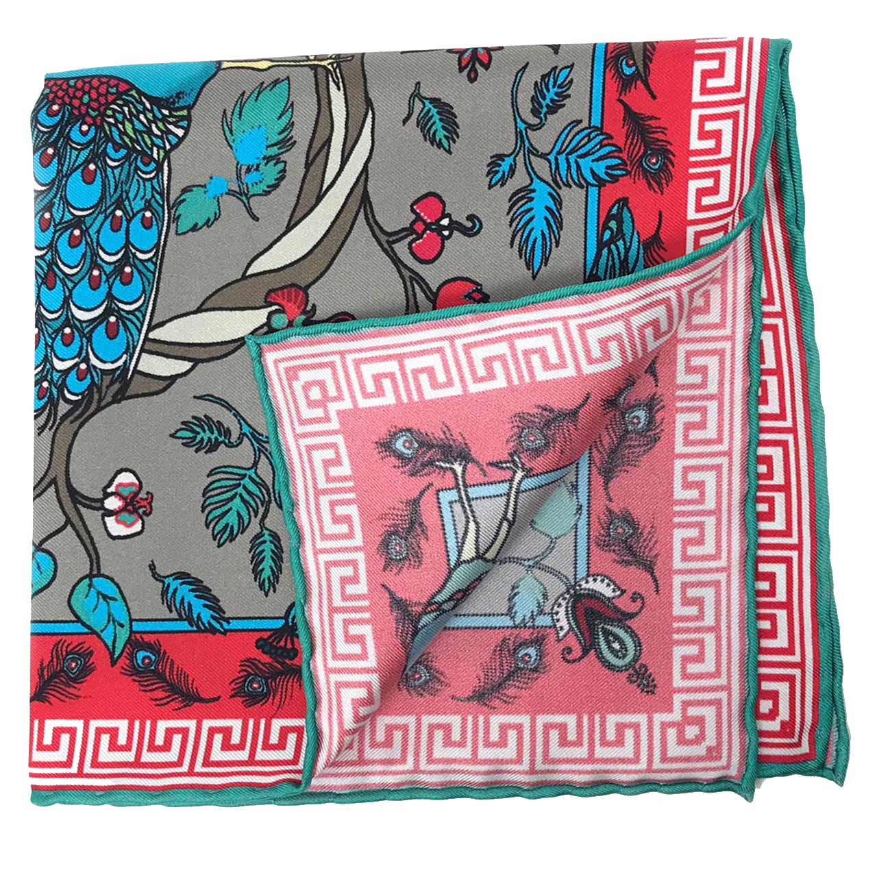 Peacock Paradise Pale Grey Pocket Square