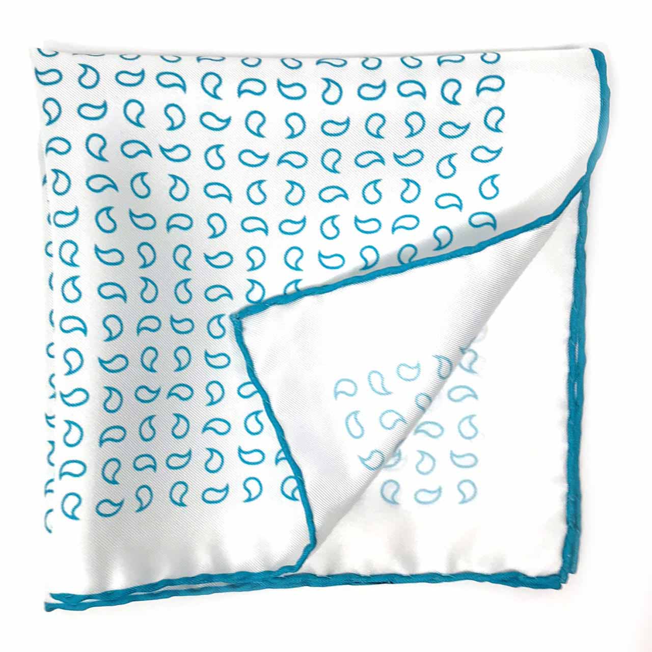 Paisley Scintillation Turquoise on White Pocket Square