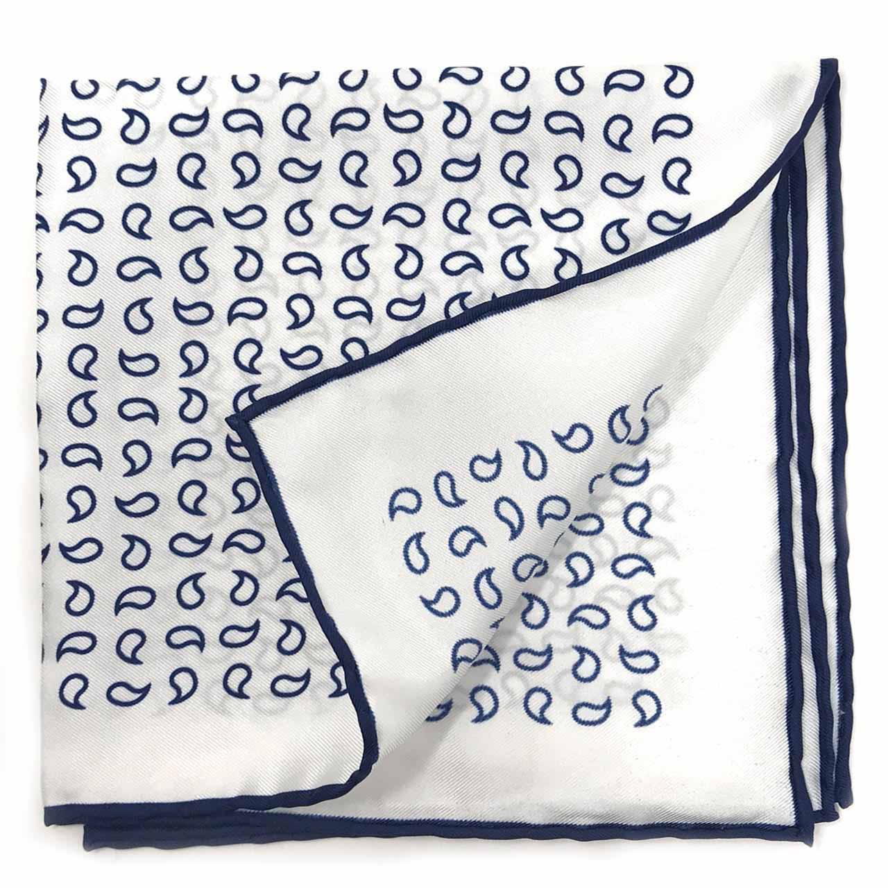 Paisley Scintillation Navy Blue on White Pocket Square